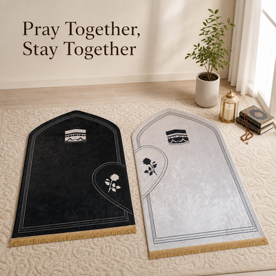 Couple Prayer Mat Set — Black & Silver Kaaba Rose